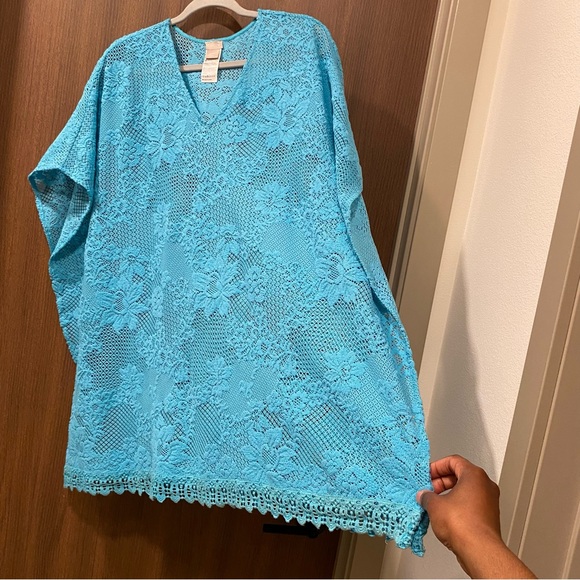 Chico’s Turquoise Blue Lace Poncho L/XL Floral Crochet Summer Beach Vacation - Picture 7 of 12